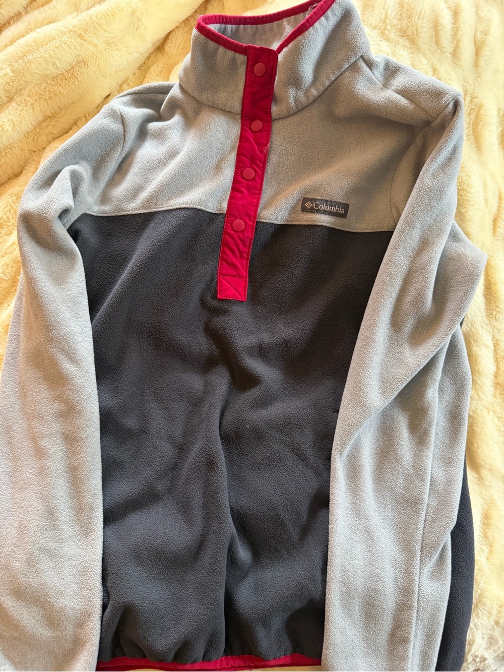 Columbia Two-Tone Fleece Pullover Jacket - Gray & Dark Gray with Red Trim